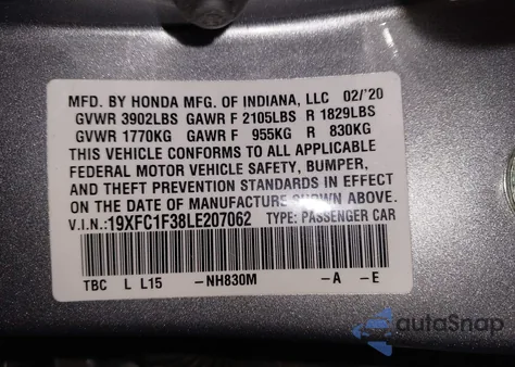 2020 Honda Civic Ex from USA, damaged, VIN 19XFC1F38LE207062